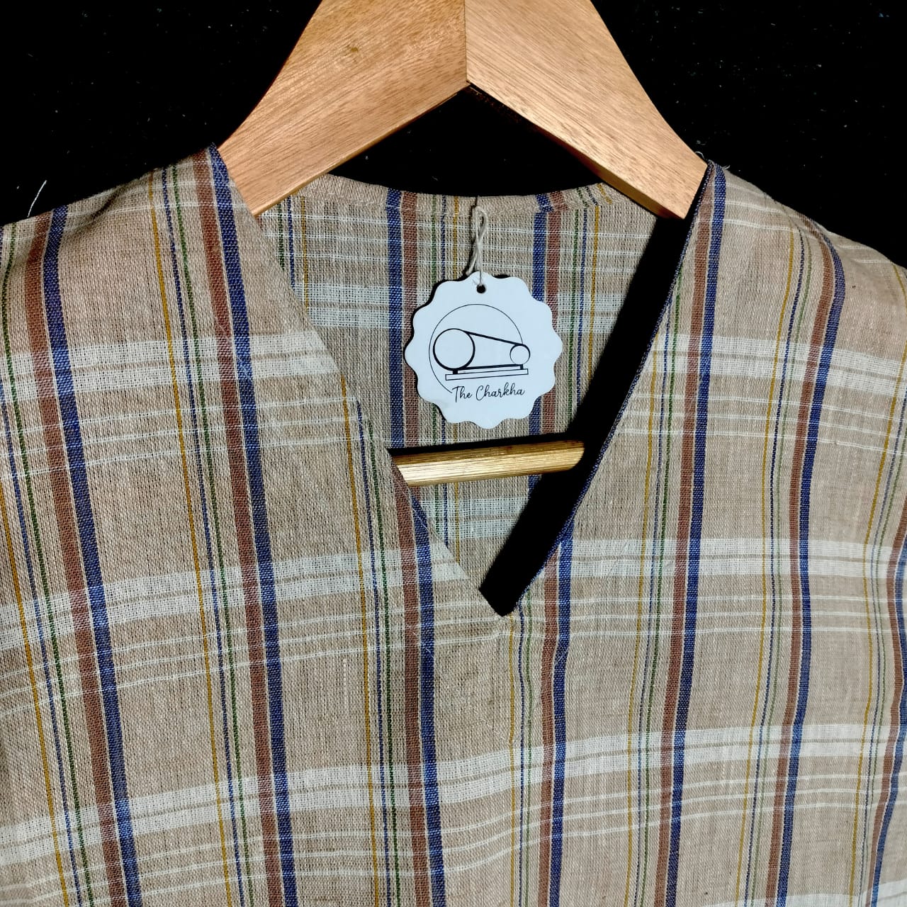 Short sleeves cotton khadi checked kurta for women and girls