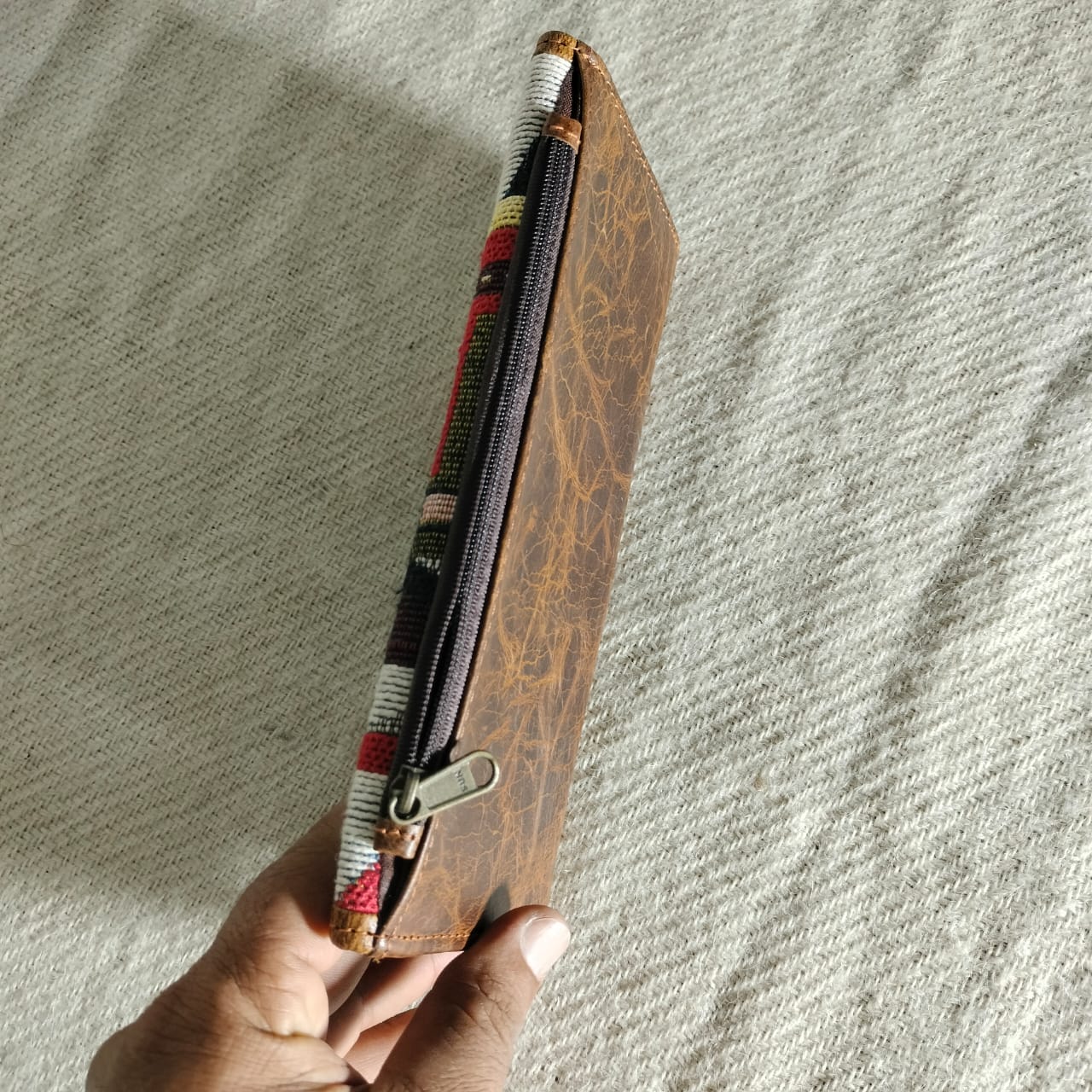 Leather durrie design clutch purse