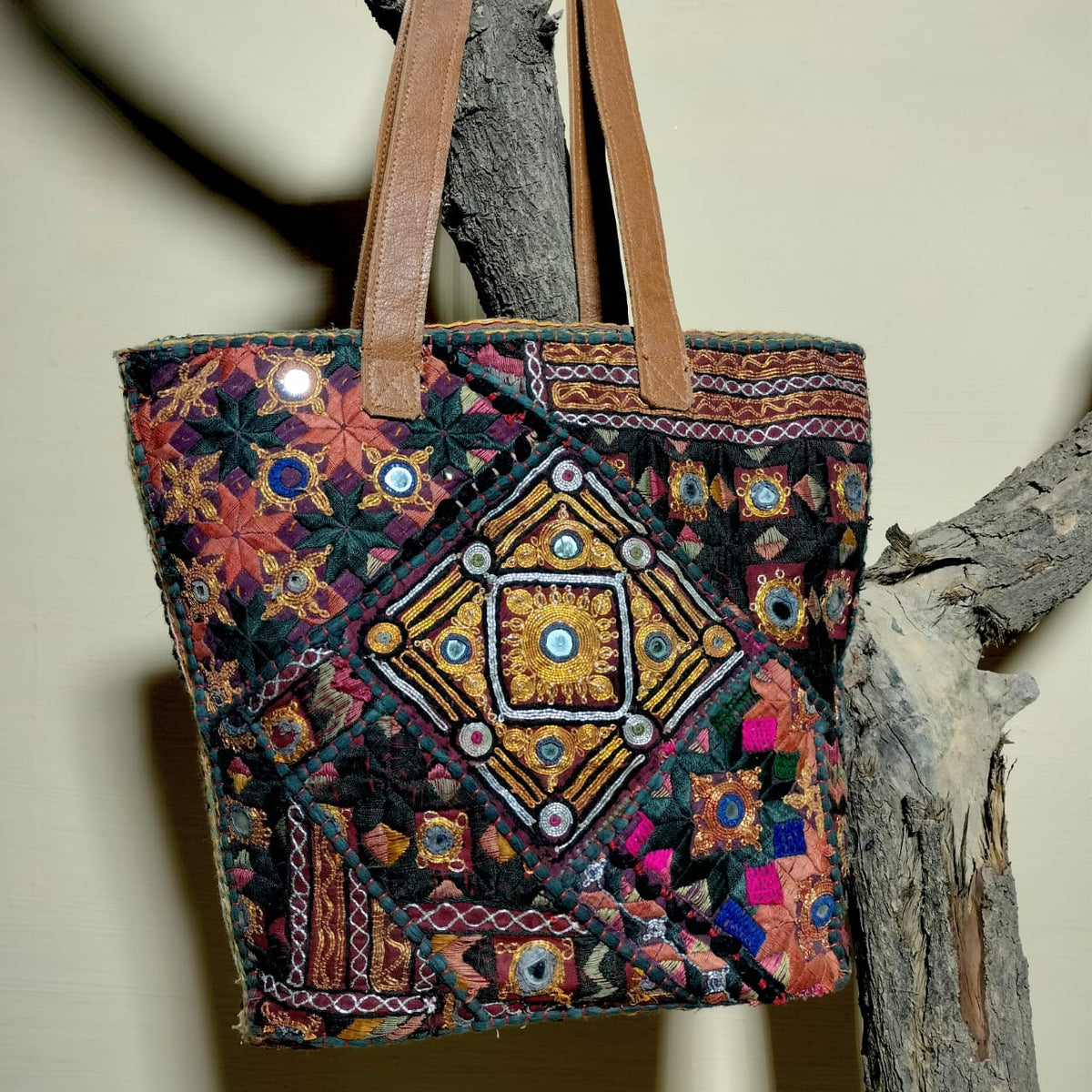 Handcrafted embroiderd vintage tote bag