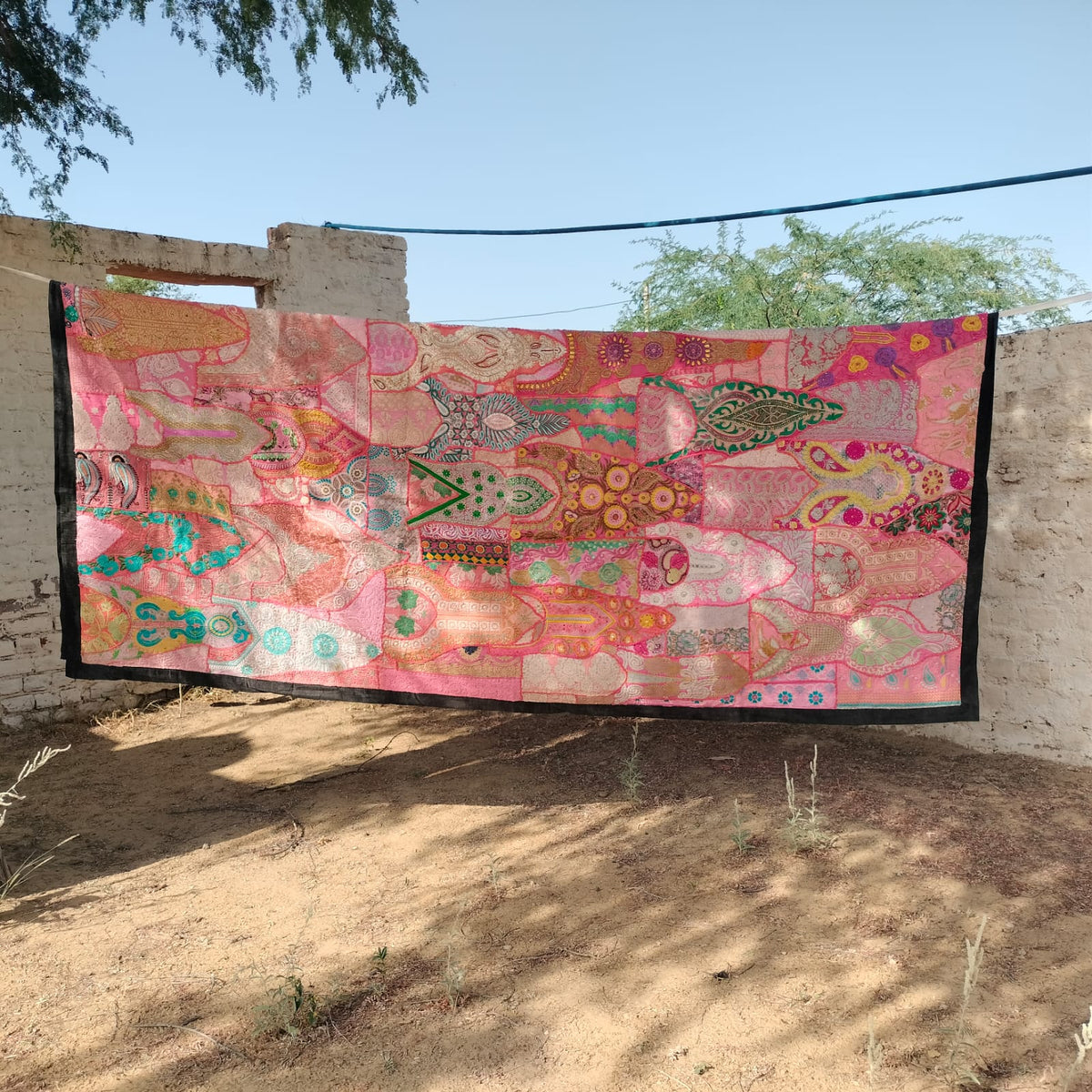Handcrafted pink patchwork bedsheet - Traditional Indian textile Art