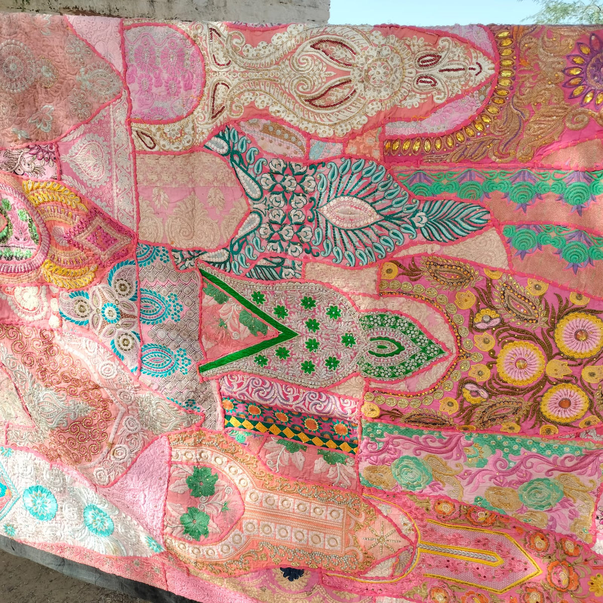Handcrafted pink patchwork bedsheet - Traditional Indian textile Art
