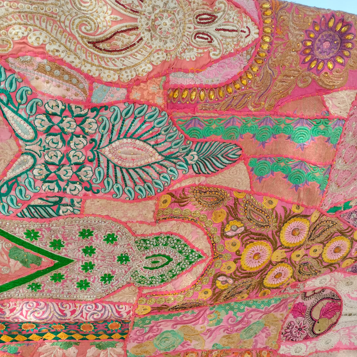 Handcrafted pink patchwork bedsheet - Traditional Indian textile Art