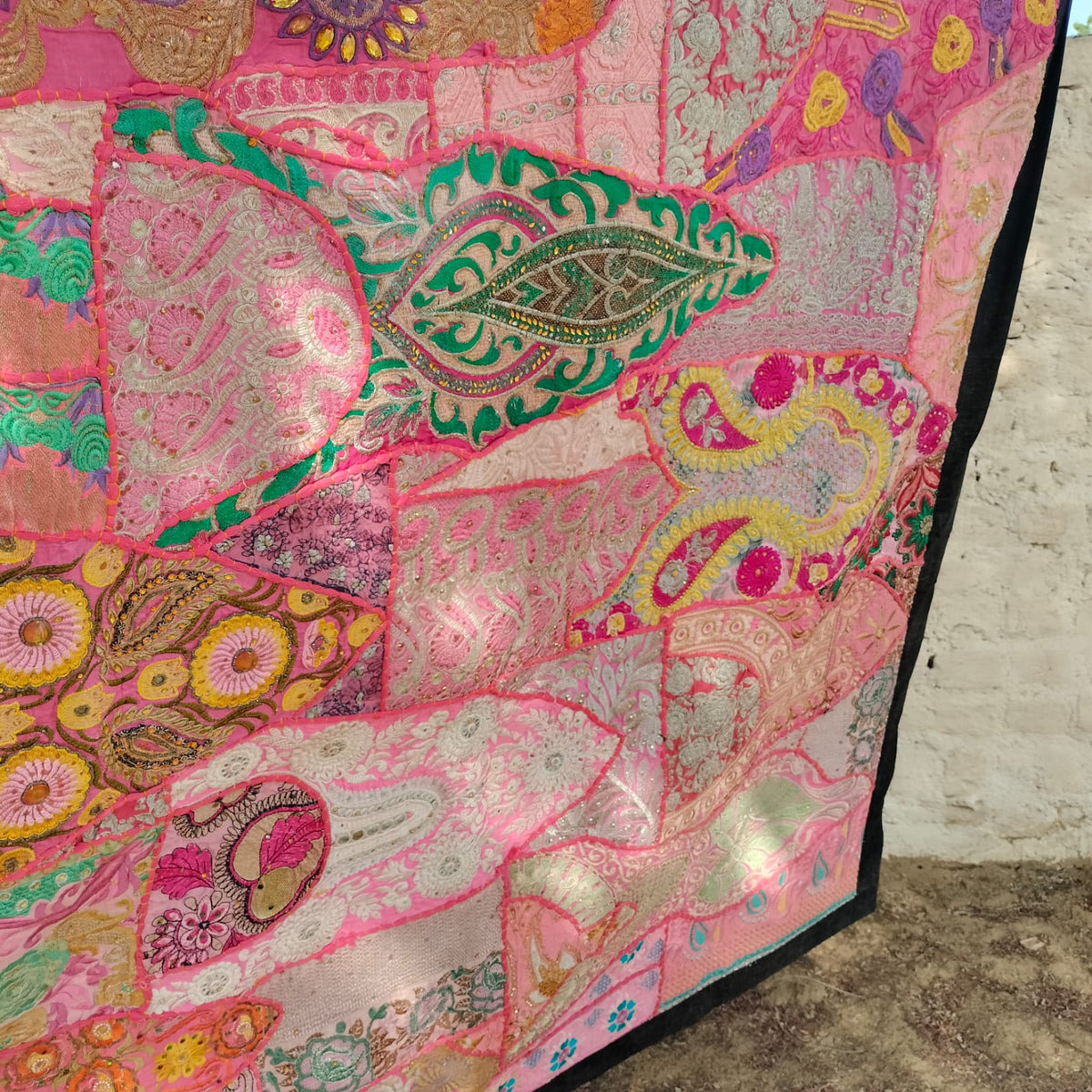 Handcrafted pink patchwork bedsheet - Traditional Indian textile Art