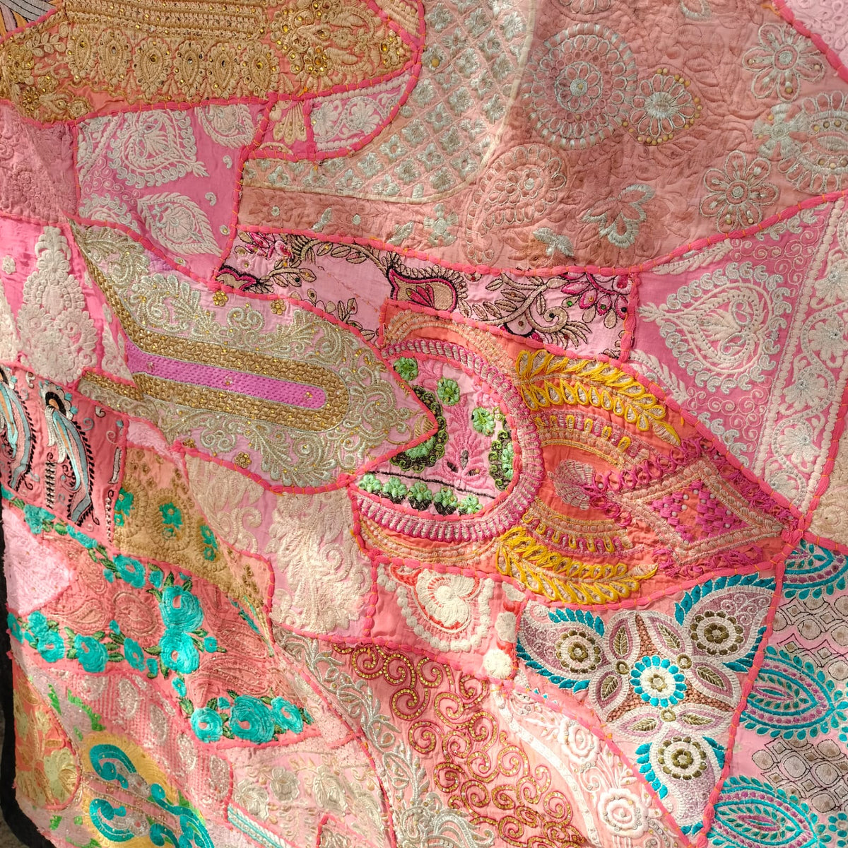 Handcrafted pink patchwork bedsheet - Traditional Indian textile Art