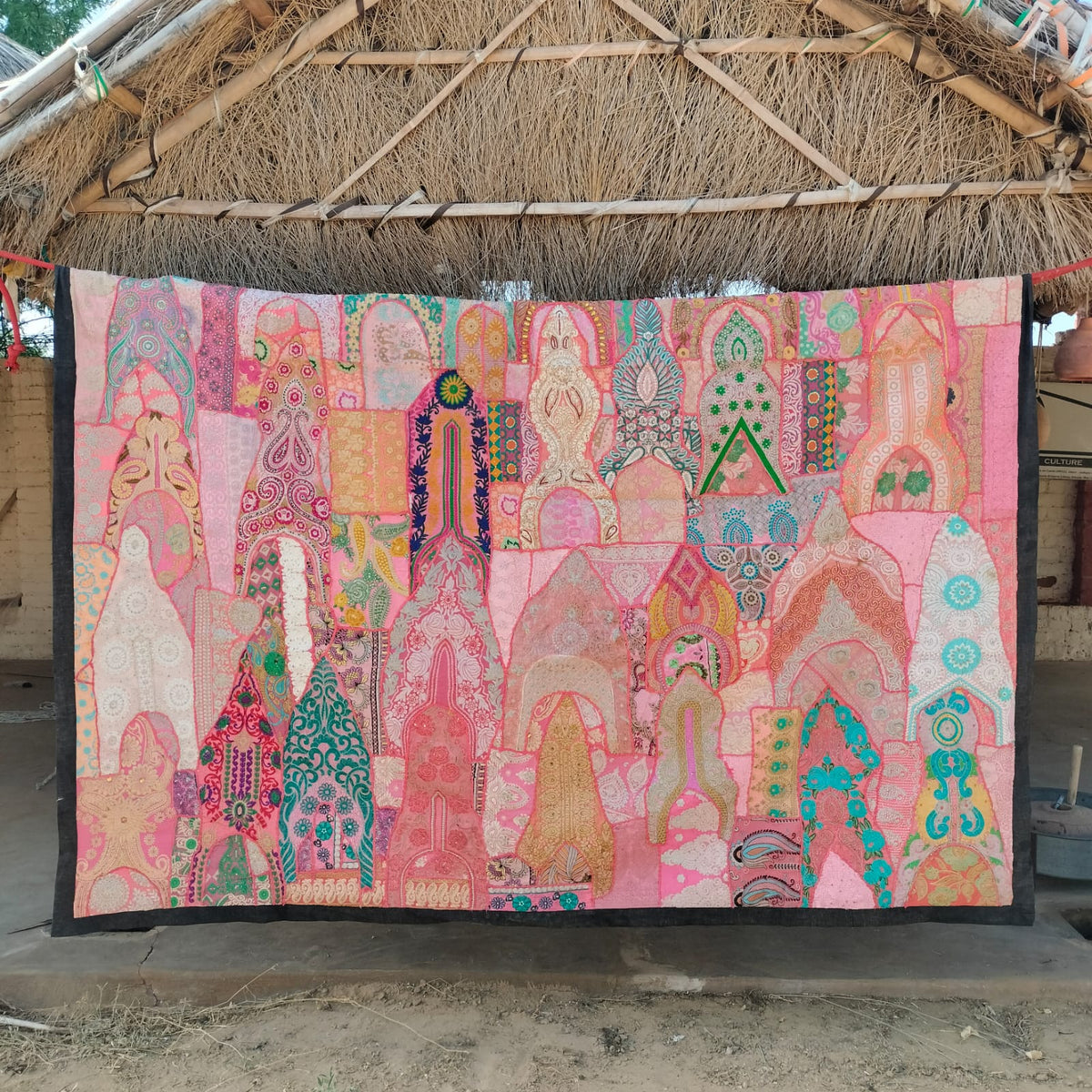 Handcrafted pink patchwork bedsheet - Traditional Indian textile Art