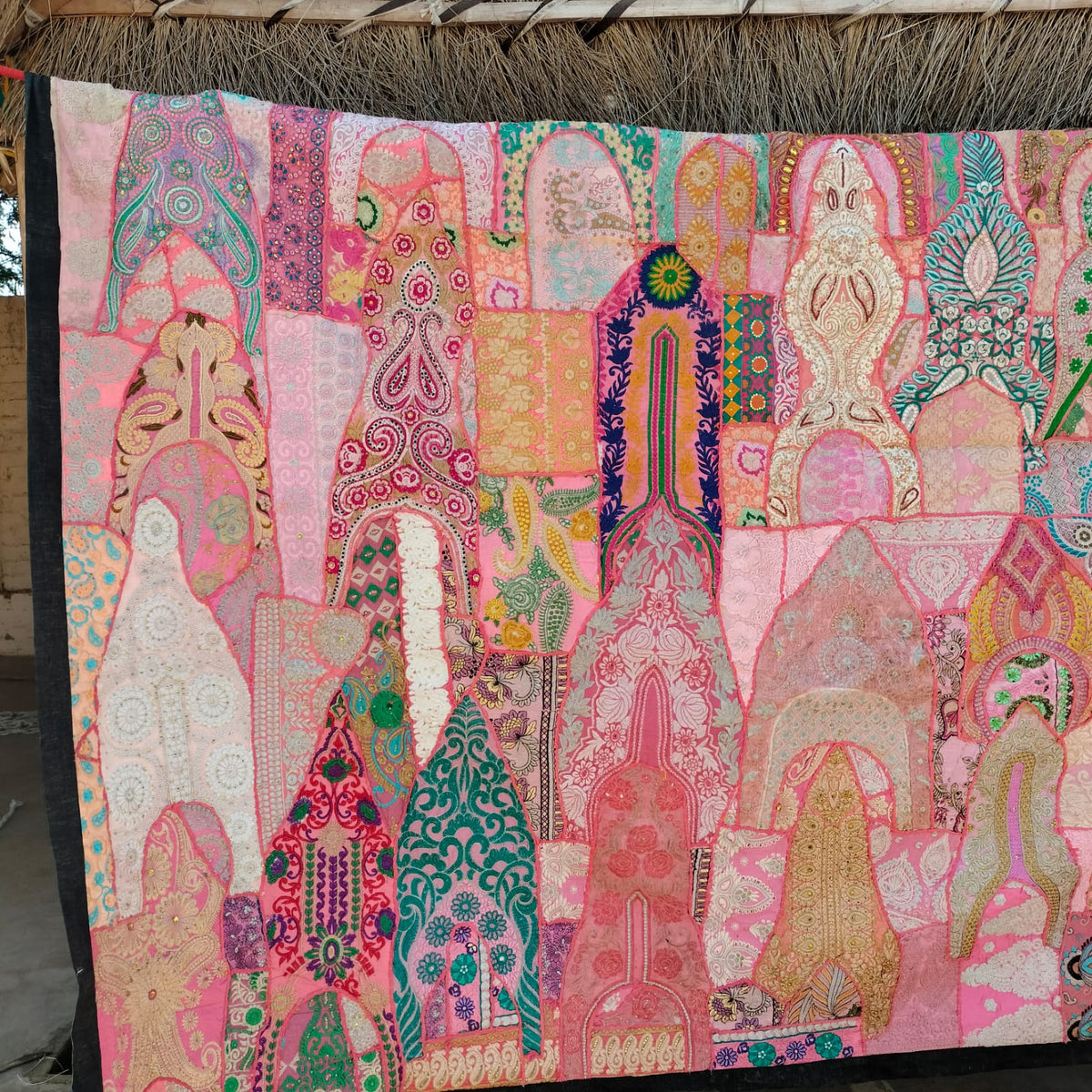 Handcrafted pink patchwork bedsheet - Traditional Indian textile Art
