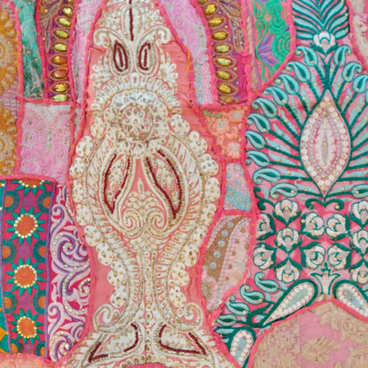 Handcrafted pink patchwork bedsheet - Traditional Indian textile Art