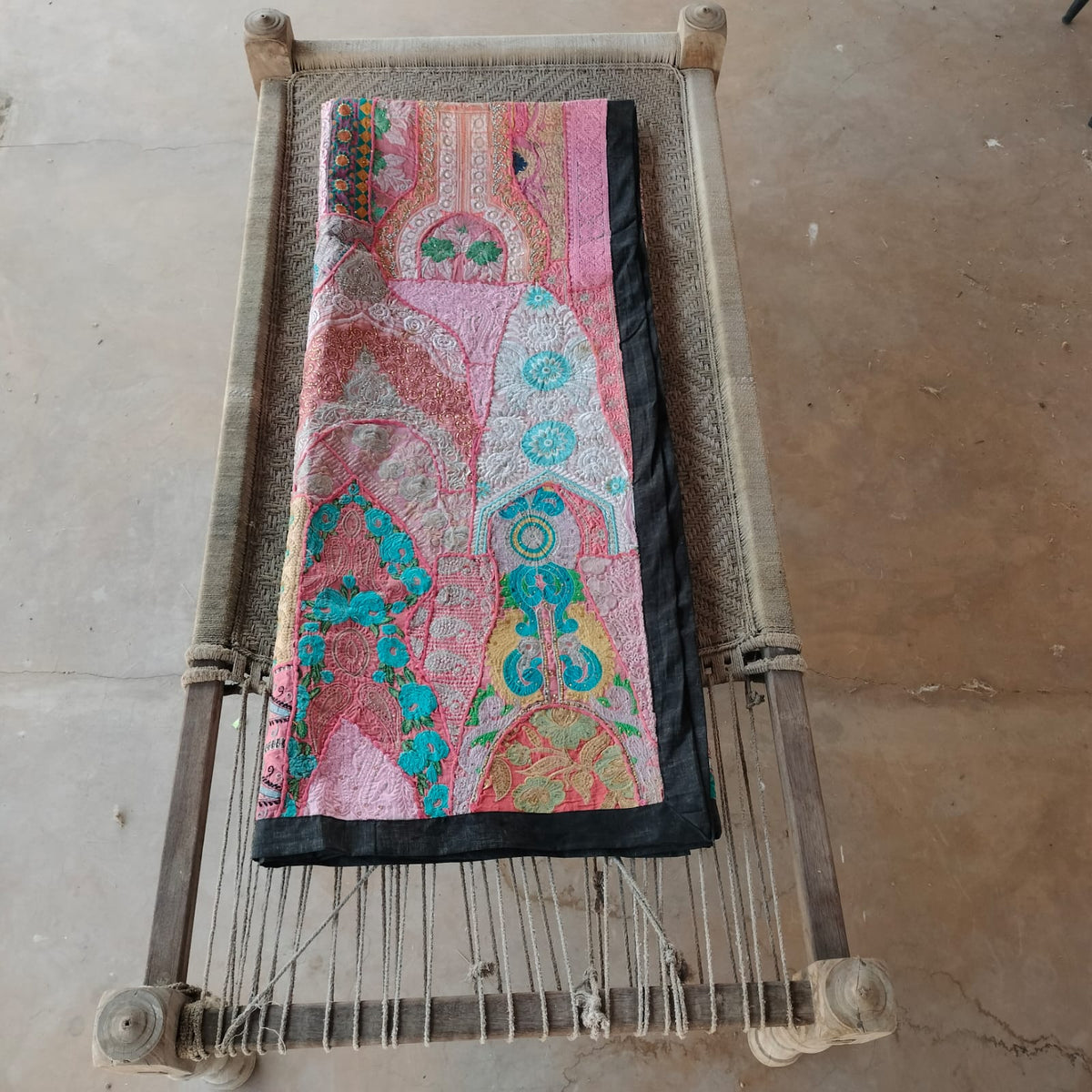 Handcrafted pink patchwork bedsheet - Traditional Indian textile Art