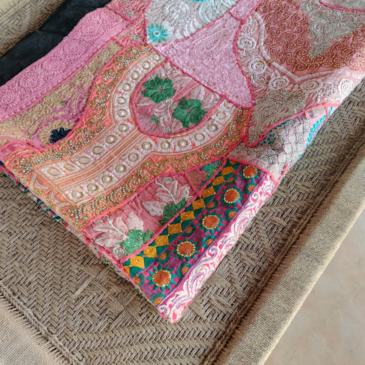 Handcrafted pink patchwork bedsheet - Traditional Indian textile Art