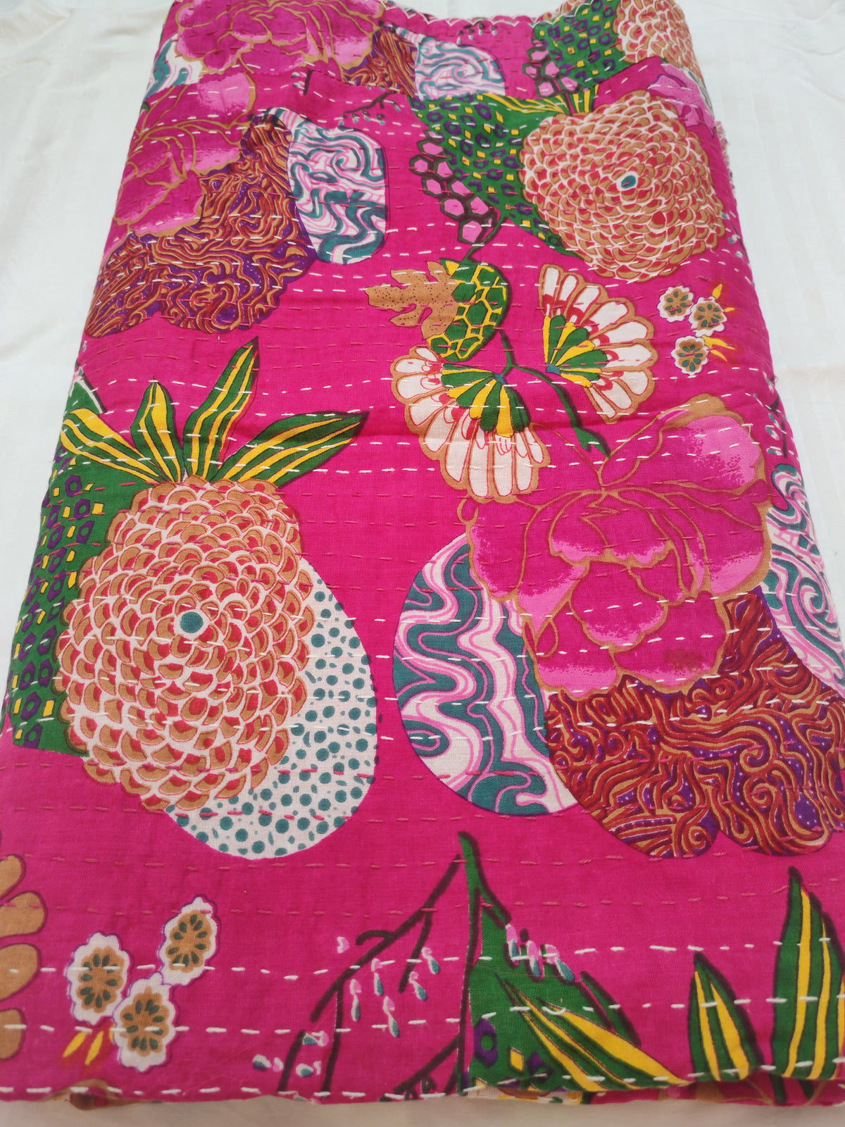 Floral khantha work king size bedcover