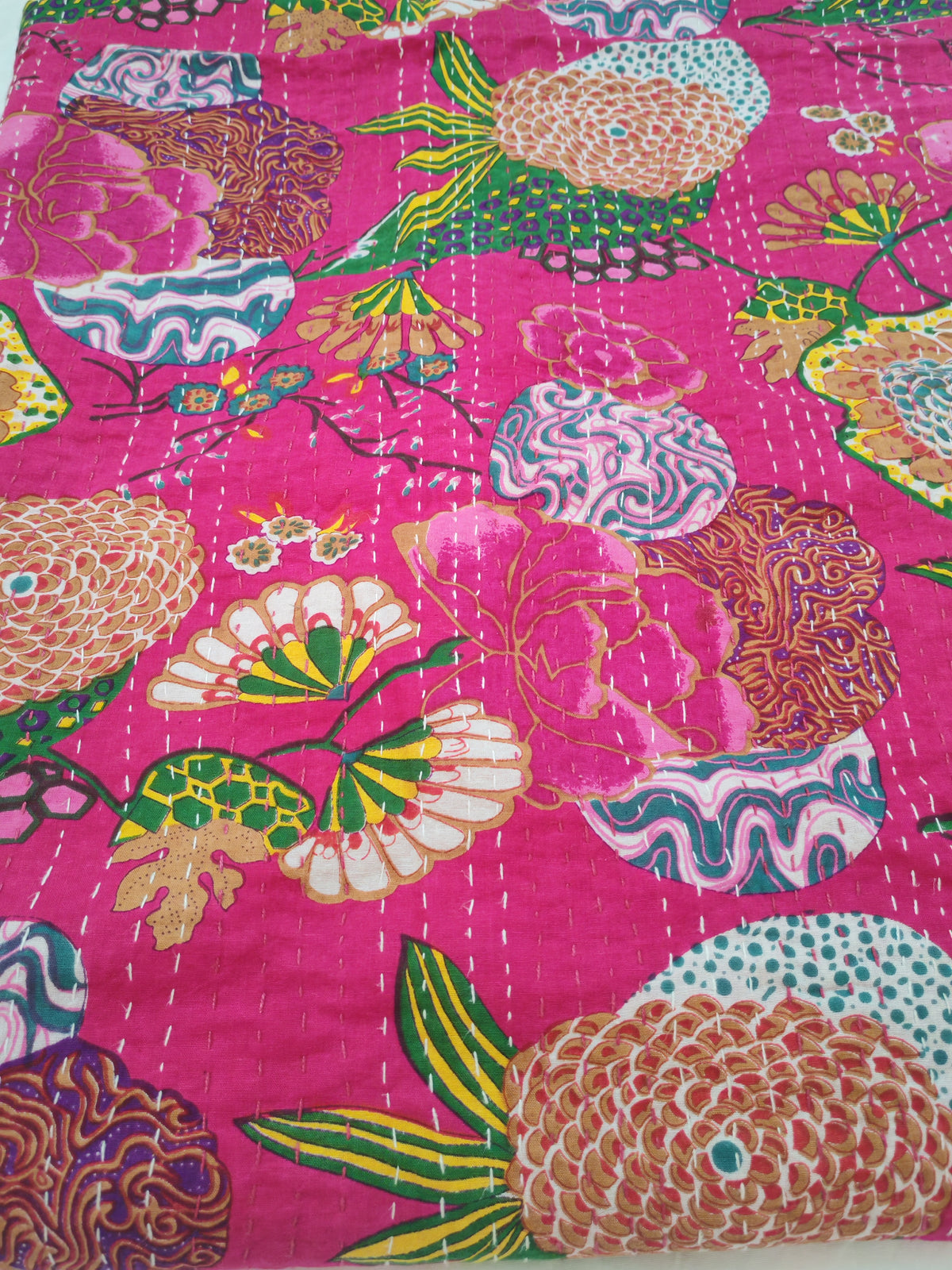 Floral khantha work king size bedcover