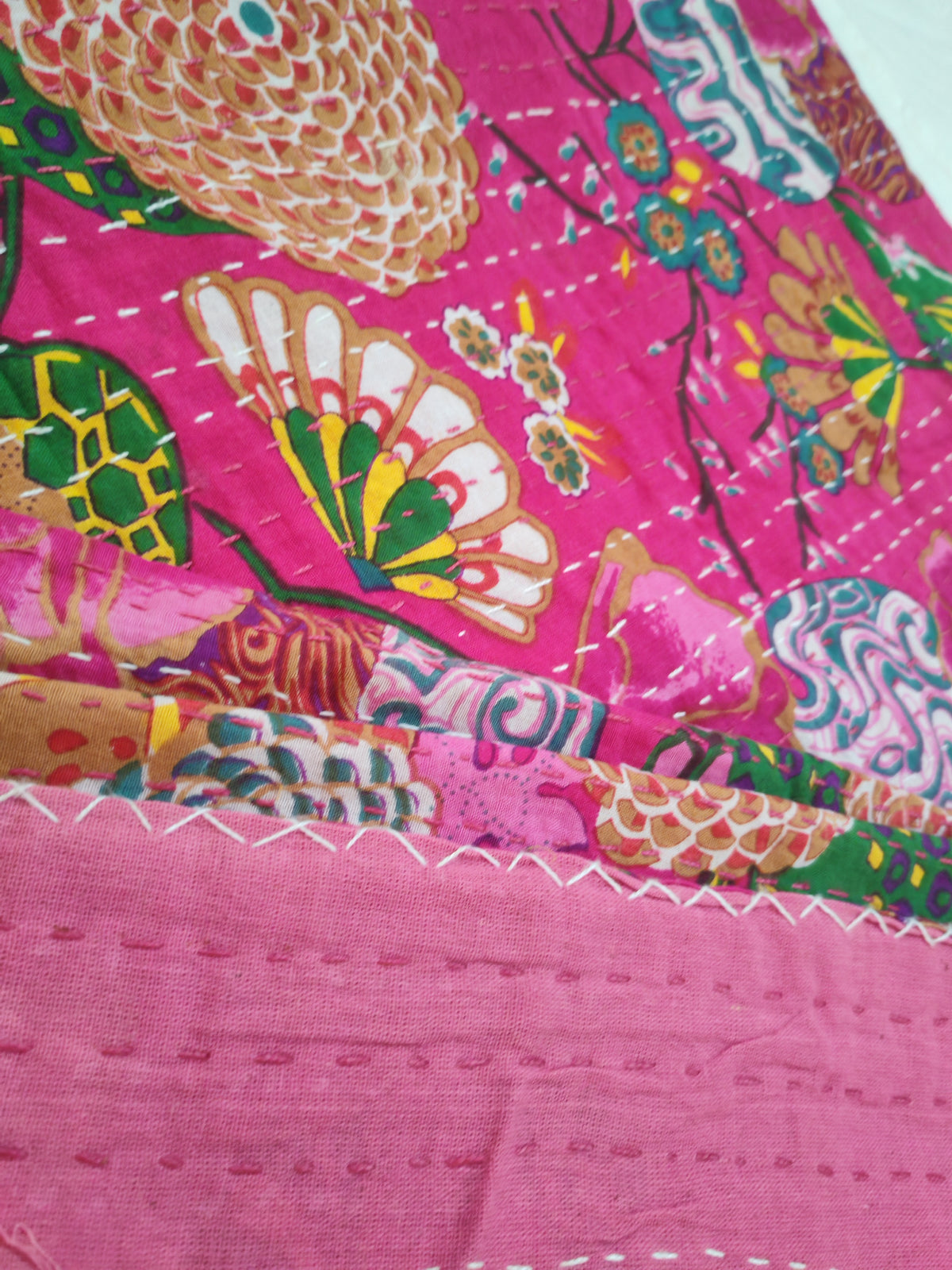 Floral khantha work king size bedcover