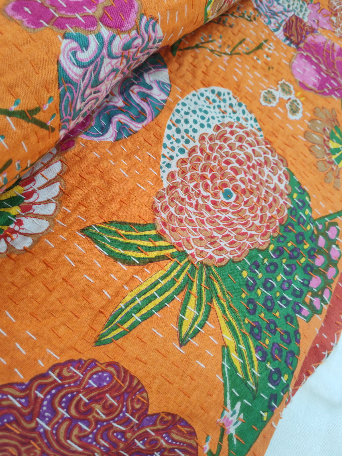 Floral khantha work bedcover in king size